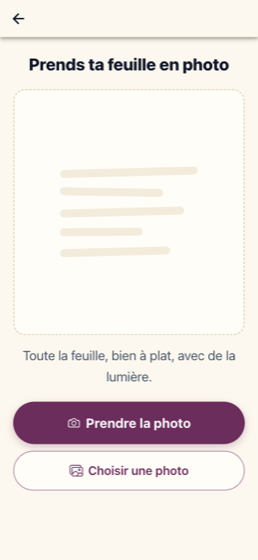L'écran qui demande de photographier la feuille